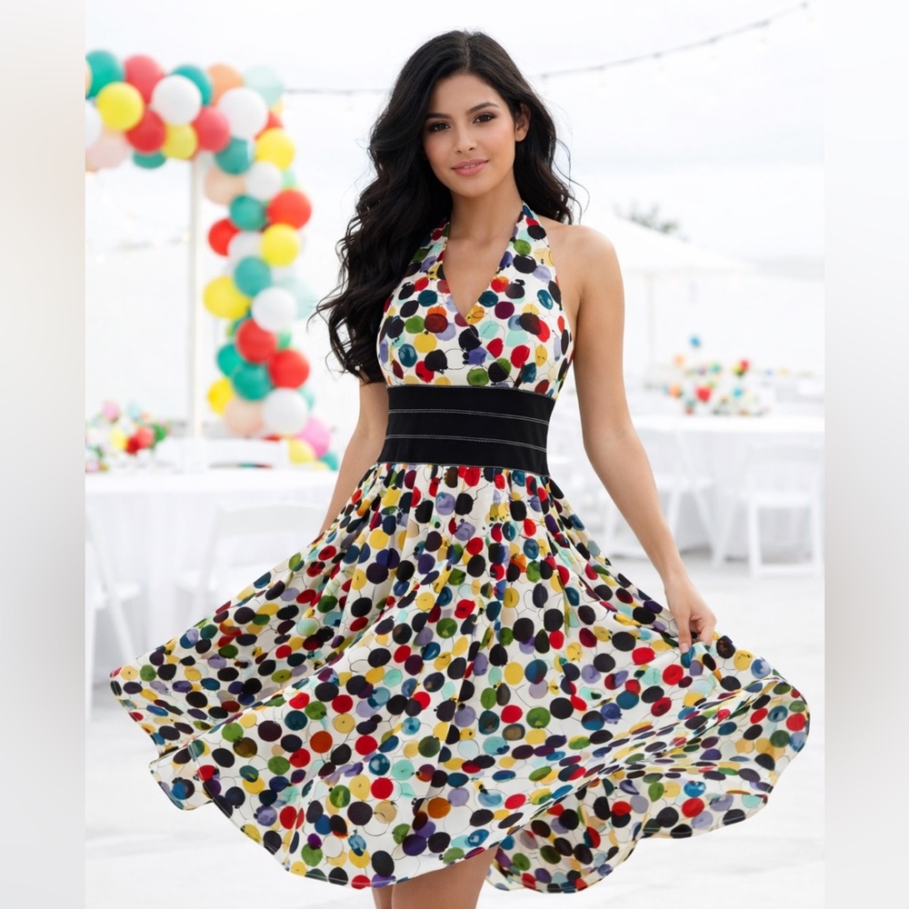 Kay Unger Cotton Halter Sundress Women’s 8‎ Multicolor Polka Dot Fit Flare Artsy
